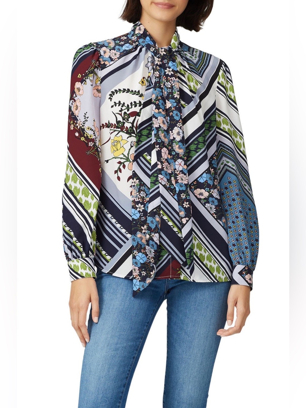 New $398 Tory Burch Printed Bow Silk Blouse